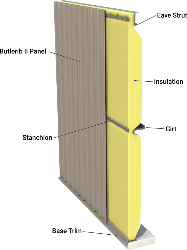 Cross-section of an insulated metal wall panel showing exterior metal cladding and interior insulation core.