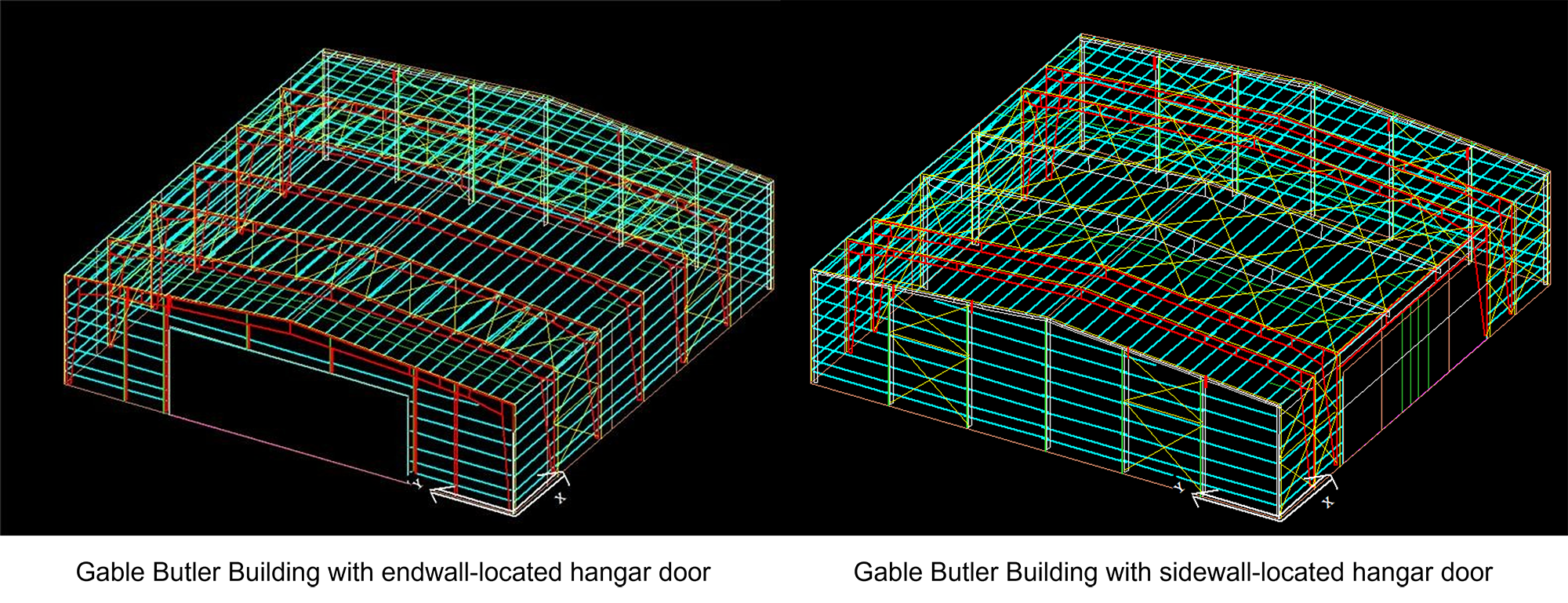Side-by-side 3D structural models illustrate precision-engineered steel framing systems, highlighting Butler’s integrated approach to building design and structural coordination.
