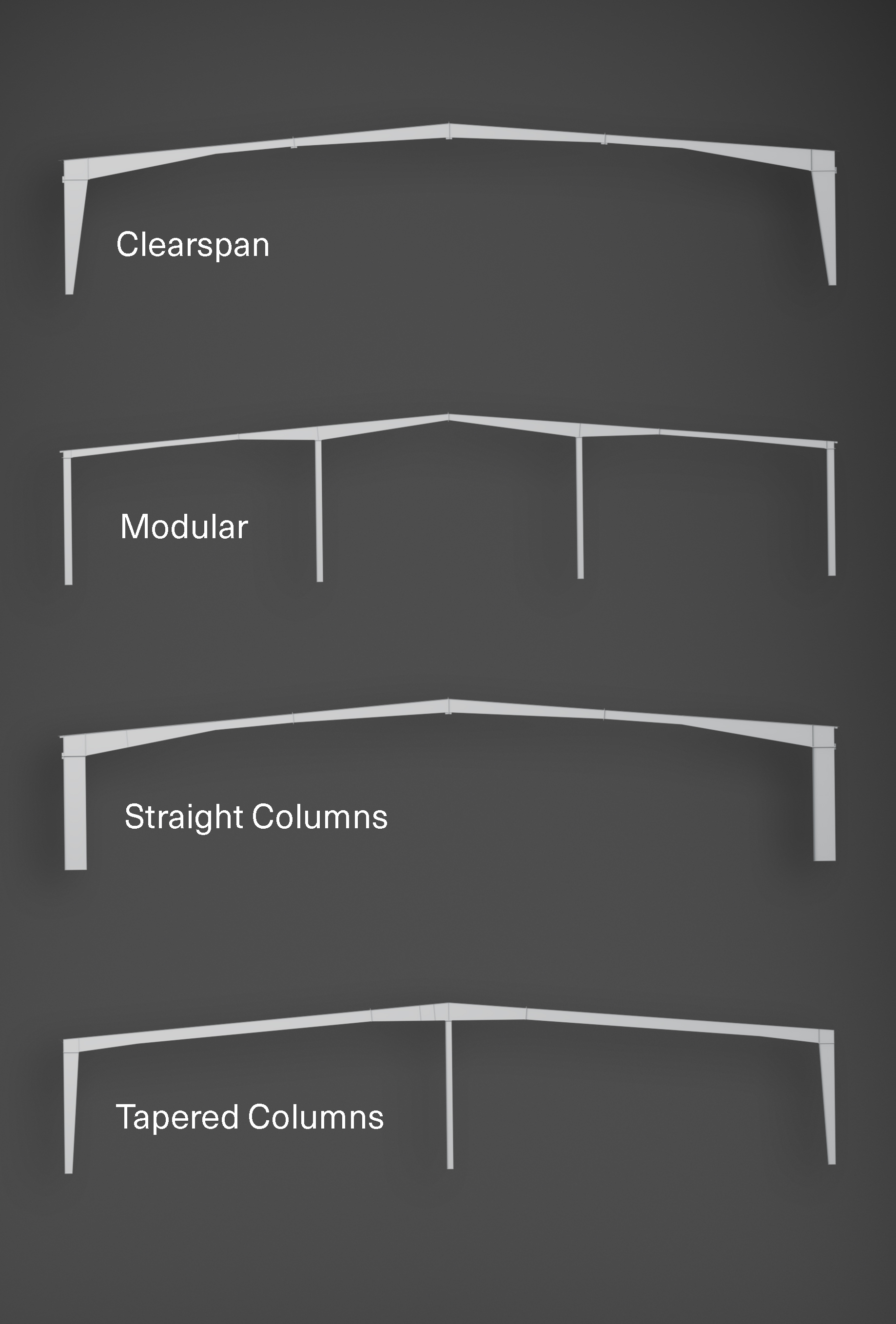 Diagram of rigid-frame steel building sections showing tapered rafters, columns, and varying roof profiles