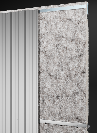 Cutaway of a vertical rib metal wall panel showing fiberglass insulation and interior liner framing
