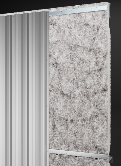 Vertical rib steel wall panel cutaway showing fiberglass insulation, girts, and interior liner framing