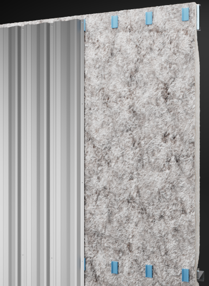 Cutaway of eShadowall® wall system with corrugated metal panel and integrated insulation liner for continuous thermal and air control.