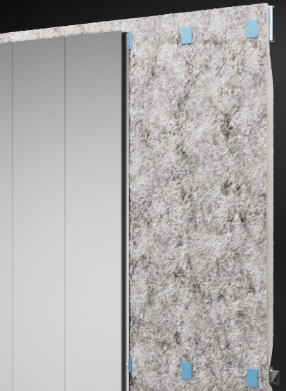Insulated metal wall panel cutaway showing smooth steel skin, fiberglass insulation, and concealed clip attachments