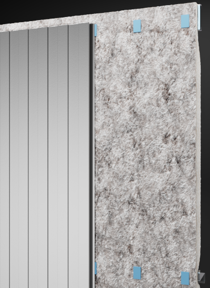 Insulated metal wall panel cutaway with vertical reveal profile, fiberglass core, and concealed clip fasteners