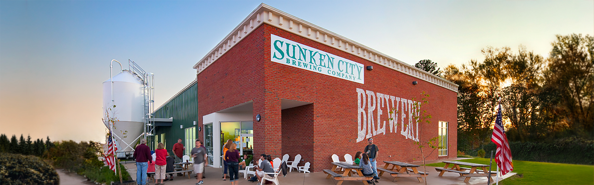 Sunken City Brewing exterior with brick and metal facade
