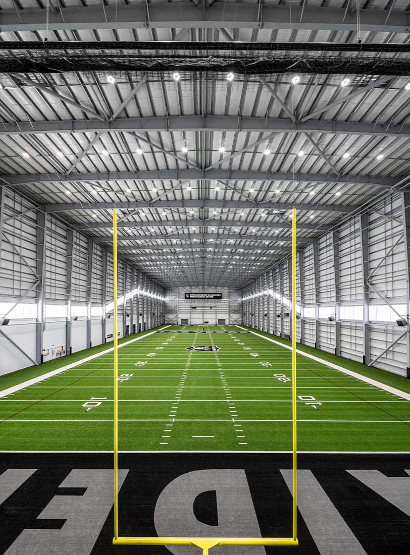 Indoor football field with goalpost